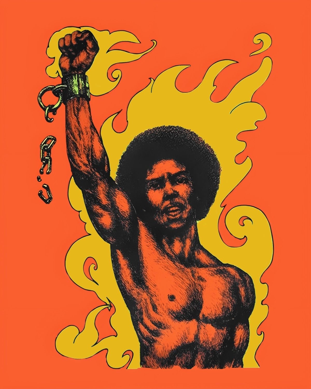 Person raising a fist with a broken chain